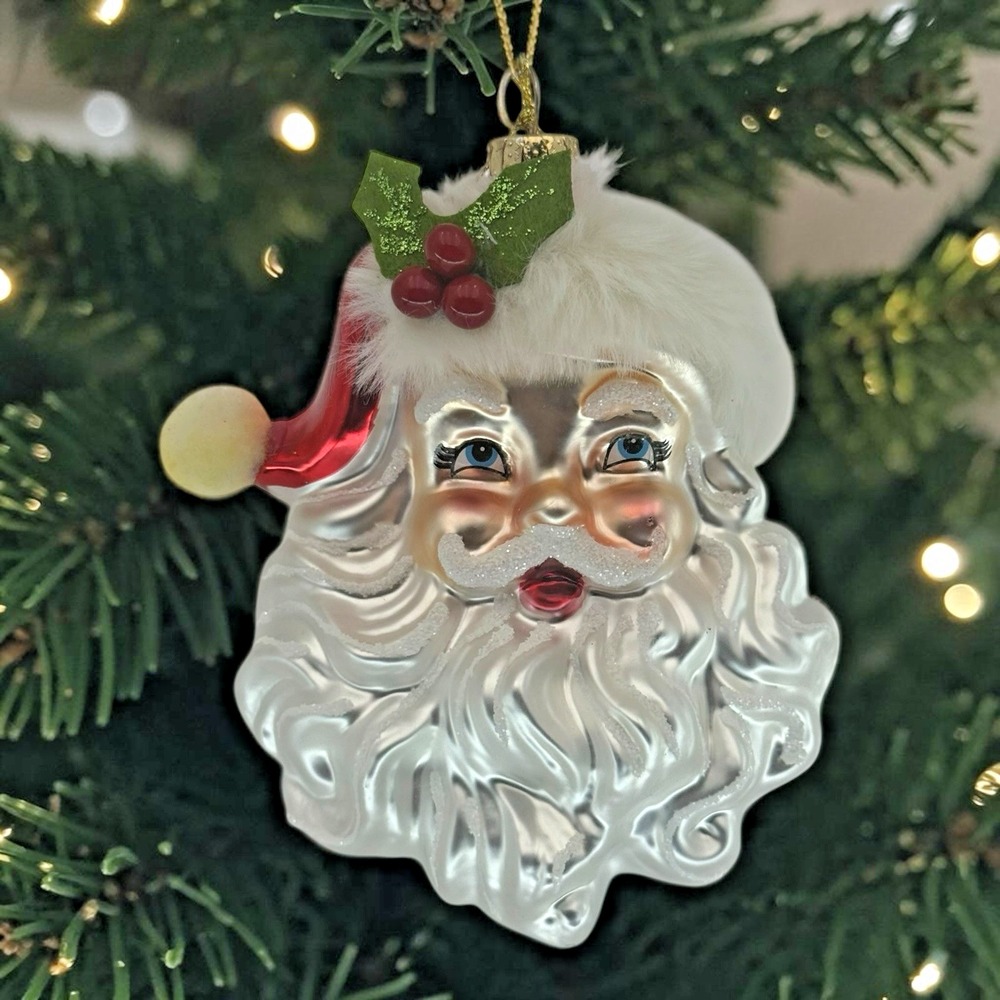 Kurt Adler Santa Head Glass Christmas Ornament Holly Faux Fur Glitter T3234